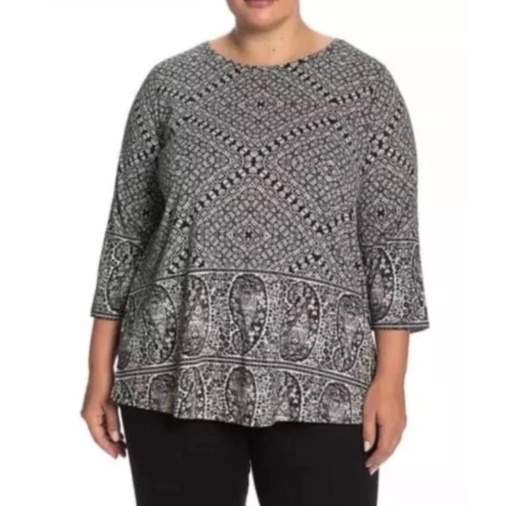 Lucky Brand Women's Plus Size 1X Black Paisley Boho Cotton Modal Tunic Top EUC - Picture 2 of 5